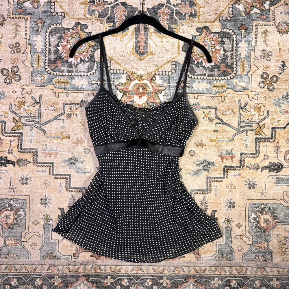 Forever Twenty One Black Polka Dot Empire Waist Babydoll Cami Top Y2K Smocked S